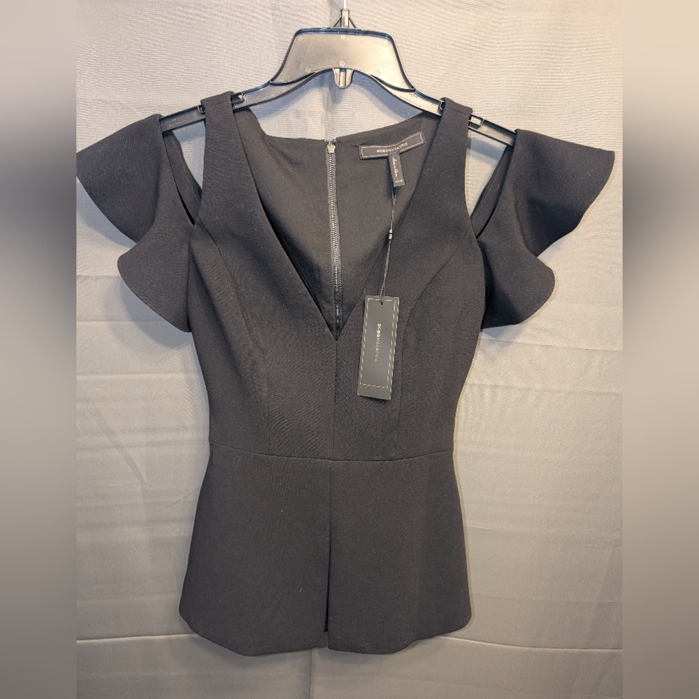 NWT - BCBGMaxAzria Black Cold-Shoulder V-Neck Ruffle Top